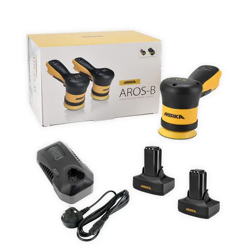 Mirka AROS-B sander kit featuring the box, sander, charger, cable, and two rechargeable batteries arranged on a white surface.