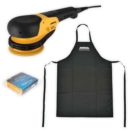 A yellow and black electric sander, a black apron, and a pack of polishing cloths are displayed on a white background.