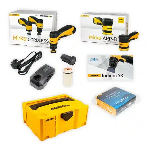 Mirka cordless power tools set with two toolboxes, charger, battery, abrasive pad, Iridium SR and Polarshine packs, and yellow storage case on a white background.