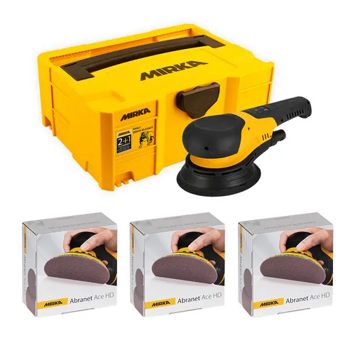 A yellow Mirka toolbox, an electric sander, and three boxes of Mirka Abranet Ace HD sanding discs arranged on a white background.