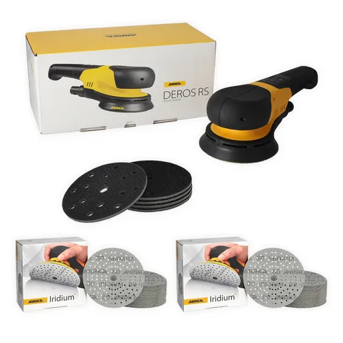 A yellow and black electric sander is shown with its box, a stack of sanding discs, and two boxes, each containing rolls of circular sanding discs.