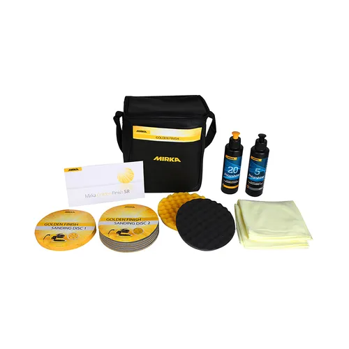 Mirka detailing kit featuring a black bag, bottles, sanding discs, sponges, cloths, and an envelope arranged neatly on a white background.