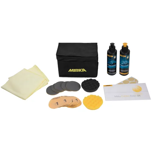 A Mirka car care kit with yellow cloths, buffing pads, sanding discs, two bottles of polish, an envelope, and a black carrying bag, all arranged on a white background.