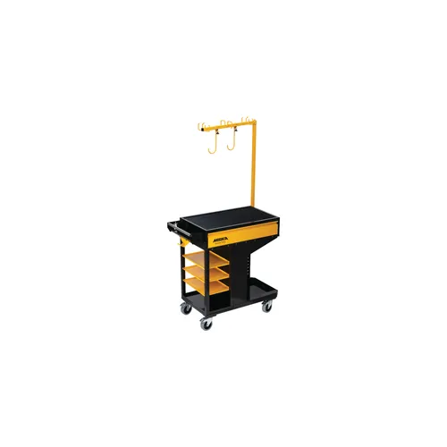 A black and yellow utility trolley with shelves, wheels, and an attached vertical pole featuring three hooks at the top. The trolley appears handy for organising and transporting tools or supplies.