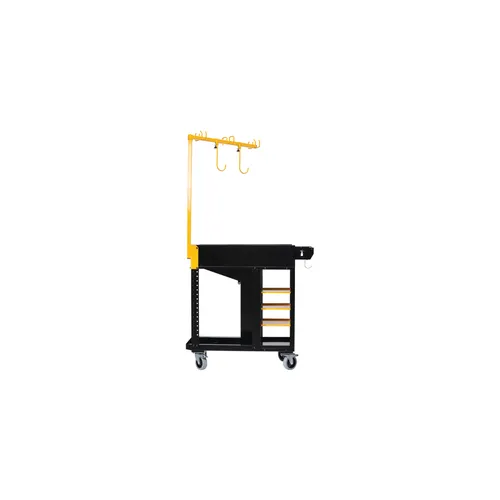 A black and yellow utility trolley on wheels with multiple hooks on a tall yellow frame, a storage shelf, side compartments, and three lower shelves. The trolley is viewed from the side on a white background.
