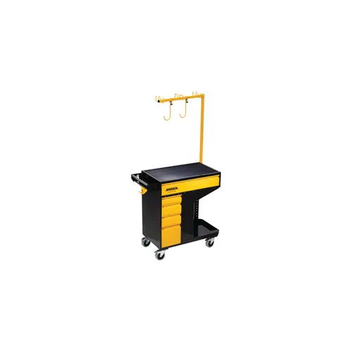A yellow and black rolling tool trolley with drawers, a flat top surface, and an overhead frame with hooks, designed for organising tools and equipment.