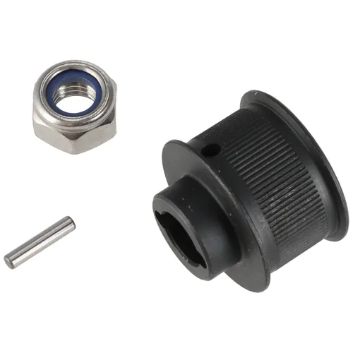 A metal nut, a small cylindrical metal pin, and a black ridged plastic or metal bush are arranged on a white background.