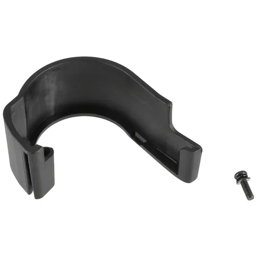 A black plastic clamp with a curved shape sits beside a small metal screw on a white background.