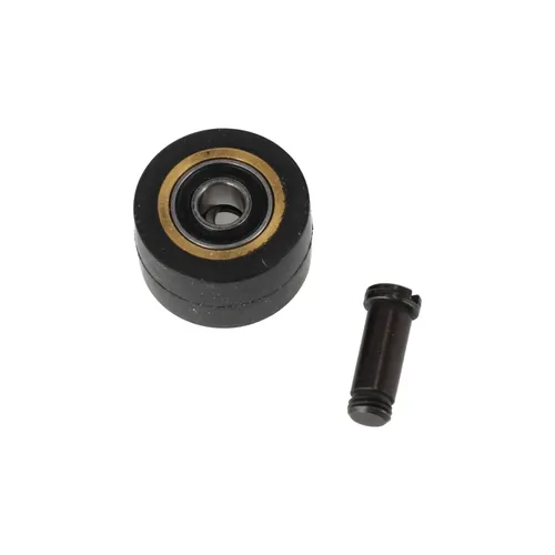 A black cylindrical roller bearing with a visible metal inner ring is shown beside a short, matching metal pin or axle on a white background.