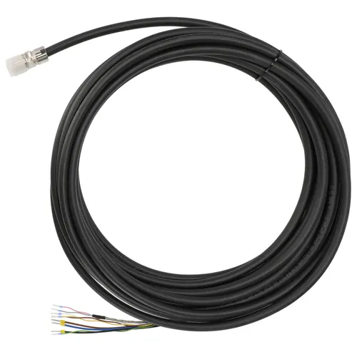A long black cable coiled neatly in a circle, featuring a connector plug on one end and several exposed coloured wires on the other.