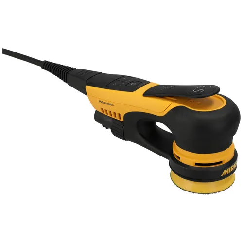 A yellow and black electric handheld sander with a round sanding pad, power lead, and ergonomic handle placed on a white background.