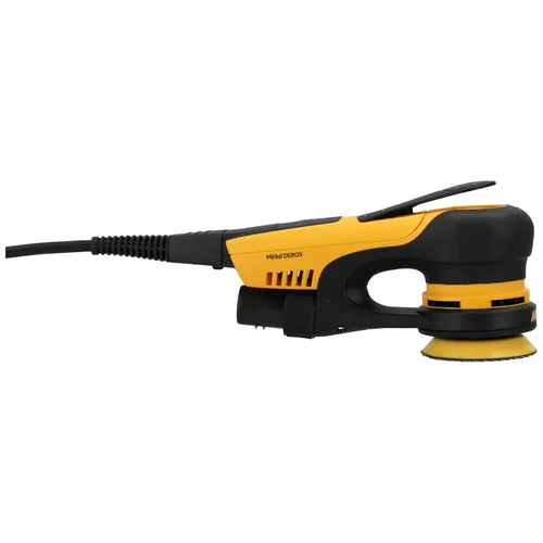 A yellow and black electric orbital sander with a round sanding pad, viewed from the side. The power lead extends from the rear of the tool.