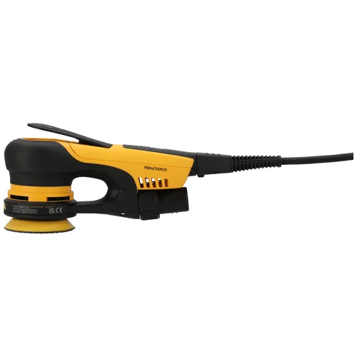 A yellow and black electric handheld sander featuring a round sanding pad, a side handle, and a power lead extending from the back.
