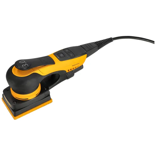 A yellow and black electric sander with a rectangular sanding pad and a power lead attached, placed on a white background.