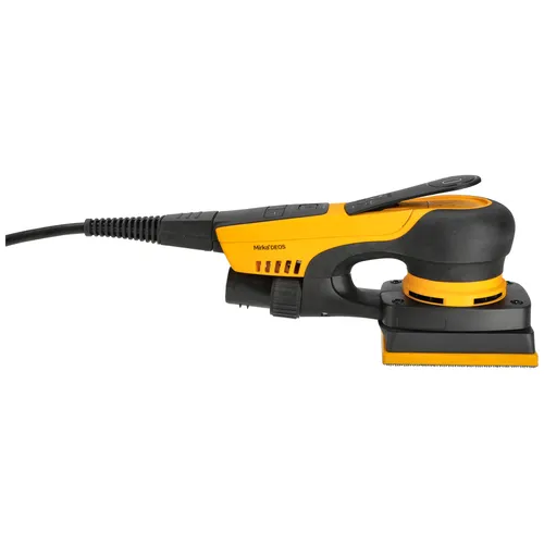A yellow and black electric sander with a rectangular sanding pad and a power lead attached, displayed from the side on a white background.
