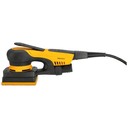 A yellow and black electric orbital sander with a rectangular sanding pad, viewed from the side, with a power lead extending to the right.