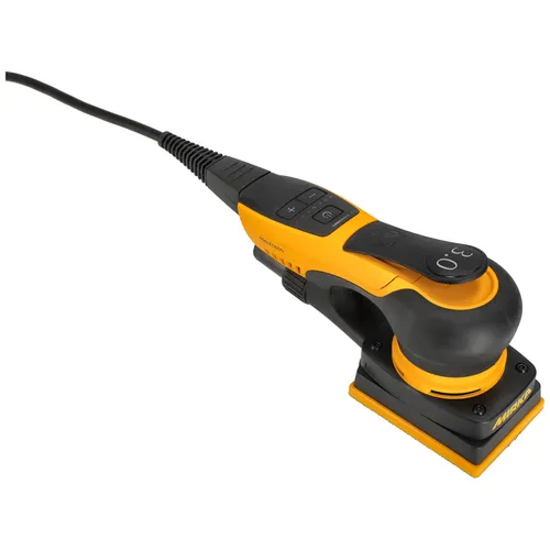 A yellow and black electric handheld sander with a rectangular sanding pad, power lead, and control buttons on the top. The sander is angled slightly to the left on a white background.