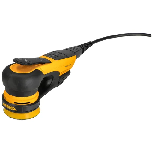 A yellow and black electric orbital sander with a power lead attached, branded Mirka, is positioned on a white background.