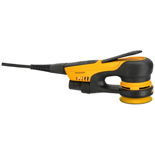A yellow and black electric random orbital sander with a round sanding pad, power lead, and ergonomic handle, shown on a white background.