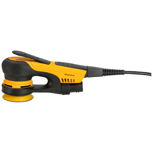 A black and yellow electric orbital sander with a power lead attached, shown from the side on a white background.