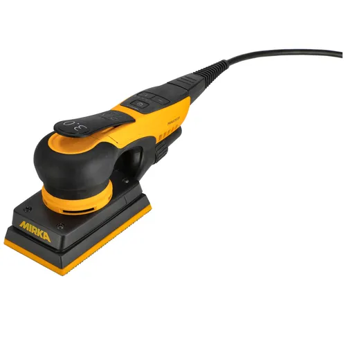 A yellow and black electric sander with a rectangular sanding base and a power lead, branded Mirka, on a white background.