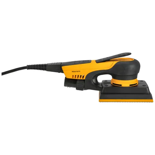 A yellow and black electric sander featuring a rectangular sanding pad, shown from the side with its power lead extending to the left.