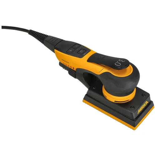 A black and yellow Mirka electric sander with a rectangular sanding pad, a power lead, and control buttons on top, photographed on a white background.