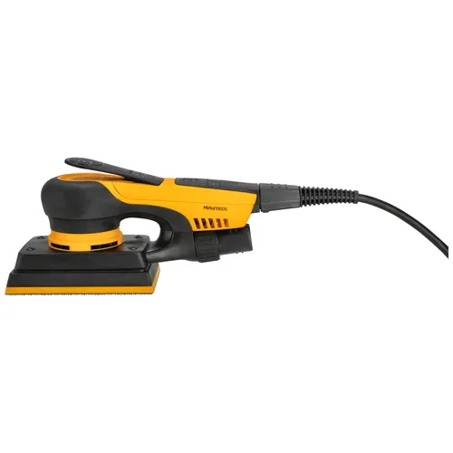 A yellow and black electric sander with a rectangular sanding base and an attached power lead, displayed in a side view against a white background.