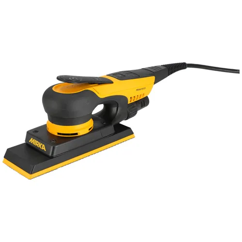 A yellow and black electric hand sander with a rectangular sanding pad, mains power supply, and ergonomic handle.