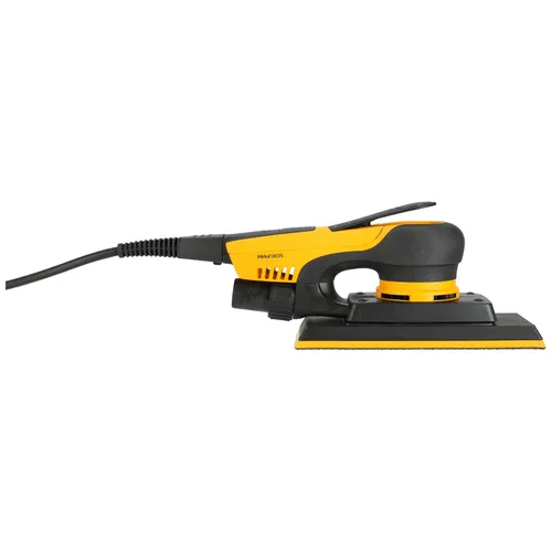 A yellow and black electric hand sander with a rectangular sanding pad, viewed from the side against a white background. A power lead extends from the back of the tool.