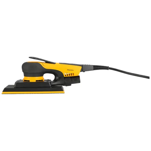 A black and yellow electric hand sander with a rectangular sanding pad, long power lead, and ergonomic handle on a white background.
