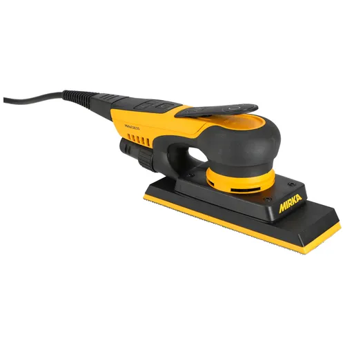 A yellow and black rectangular electric sander with a lead, designed for smoothing surfaces in woodworking or finishing tasks.