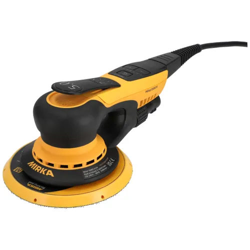 A yellow and black handheld Mirka electric sander with a circular sanding pad, power lead, and ergonomic handle is shown on a white background.