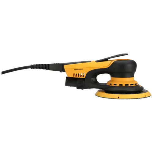 A yellow and black electric random orbital sander with a power lead, viewed from the side, displaying the sanding pad and ergonomic handle.