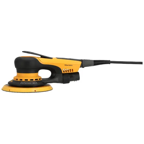 A yellow and black electric random orbital sander with a round sanding pad, power lead, and ergonomic handle, shown on a white background.