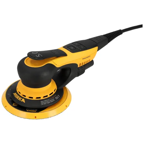 A yellow and black Mirka electric random orbital sander with a power lead attached, seen from an angled side view on a white background.