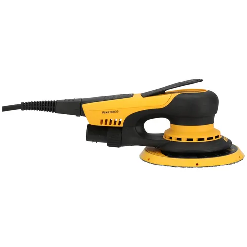 A yellow and black electric sander featuring a round sanding pad and an attached power lead, shown from the side on a white background.