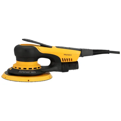 A yellow and black electric random orbital sander with a round sanding pad and an attached power lead, displayed in a side view against a white background.