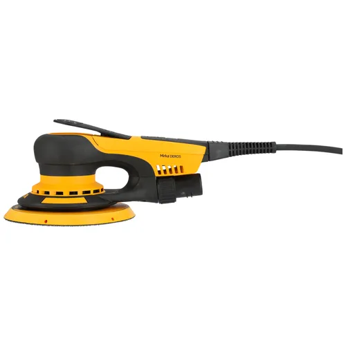 A yellow and black electric handheld random orbital sander with a power lead, shown from the side against a white background.