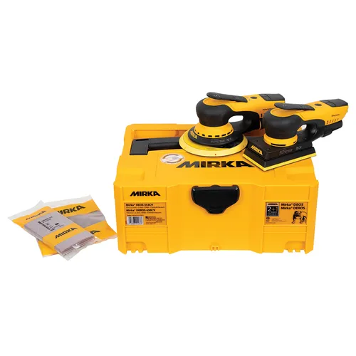 Yellow Mirka tool kit includes a round and a rectangular sander, sanding discs, and a sturdy carrying case with handle and labels. Sandpaper packets are placed on the left side of the case.