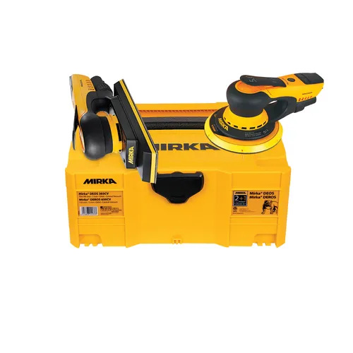 A yellow Mirka toolbox with a handheld sander and a sanding tool resting on top, both in yellow and black, against a white background.