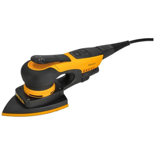 A yellow and black electric sander with a pointed sanding pad, an ergonomic handle, and a lead extending from the back.