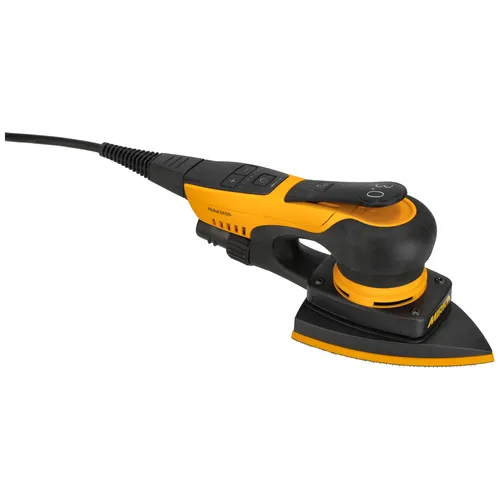 A black and yellow electric sander with a pointed, triangular sanding pad and a round section, featuring buttons on top and a power lead extending from the back.