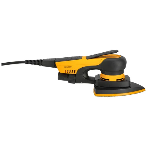 A yellow and black electric detail sander with a pointed sanding pad, power lead, and ergonomic handle, shown on a white background.
