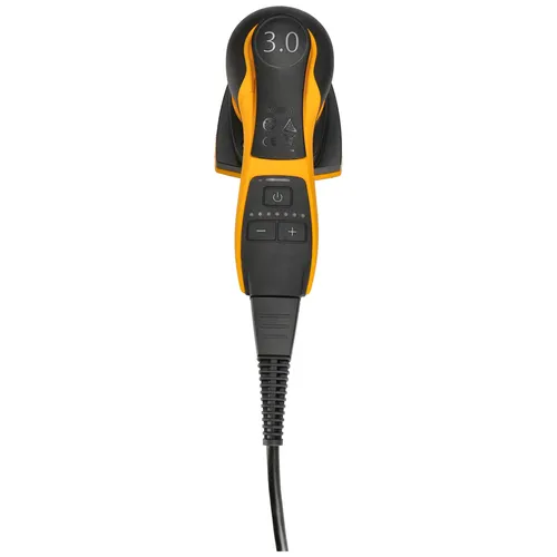 Handheld electric car charger with a black and yellow design, featuring a digital display showing 3.0, a power button, and plus/minus controls on the handle.