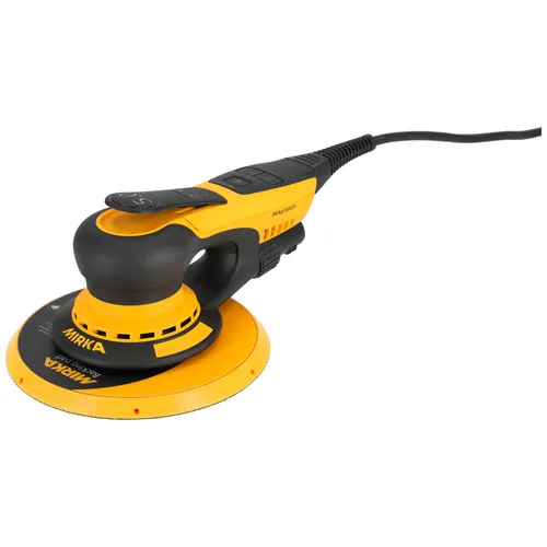 A yellow and black Mirka electric orbital sander featuring a circular sanding pad, a side handle, and an attached power lead.