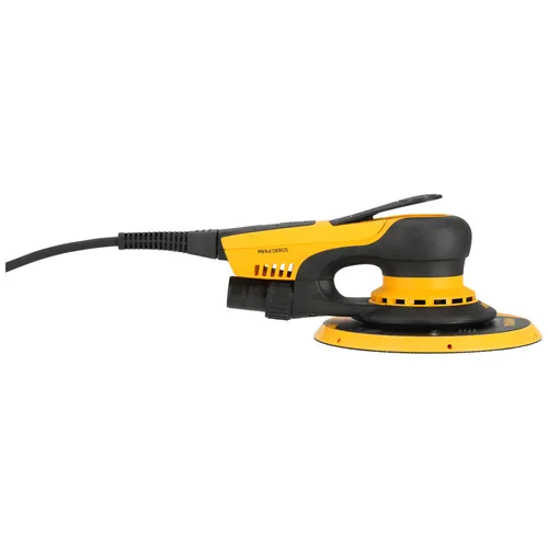 A yellow and black electric random orbital sander with a circular sanding pad, power cord, and ergonomic handle, shown in a side view on a white background.