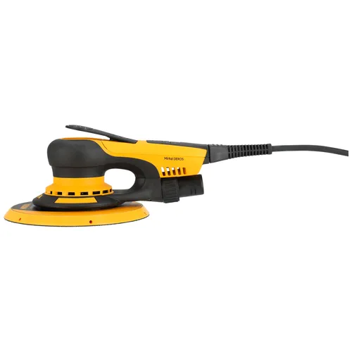 A yellow and black electric random orbital sander with a side handle and attached power lead, seen from the side against a plain white background.