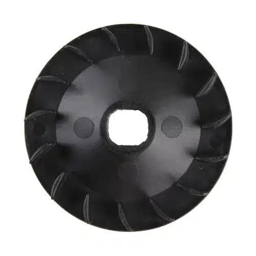 Black, round plastic knob with a central square hole and spiral grooves along the outer edge, viewed from above against a white background.