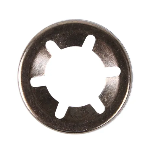 A metal push nut featuring a circular design and six evenly spaced inward-pointing tabs around the central opening, set against a white background.